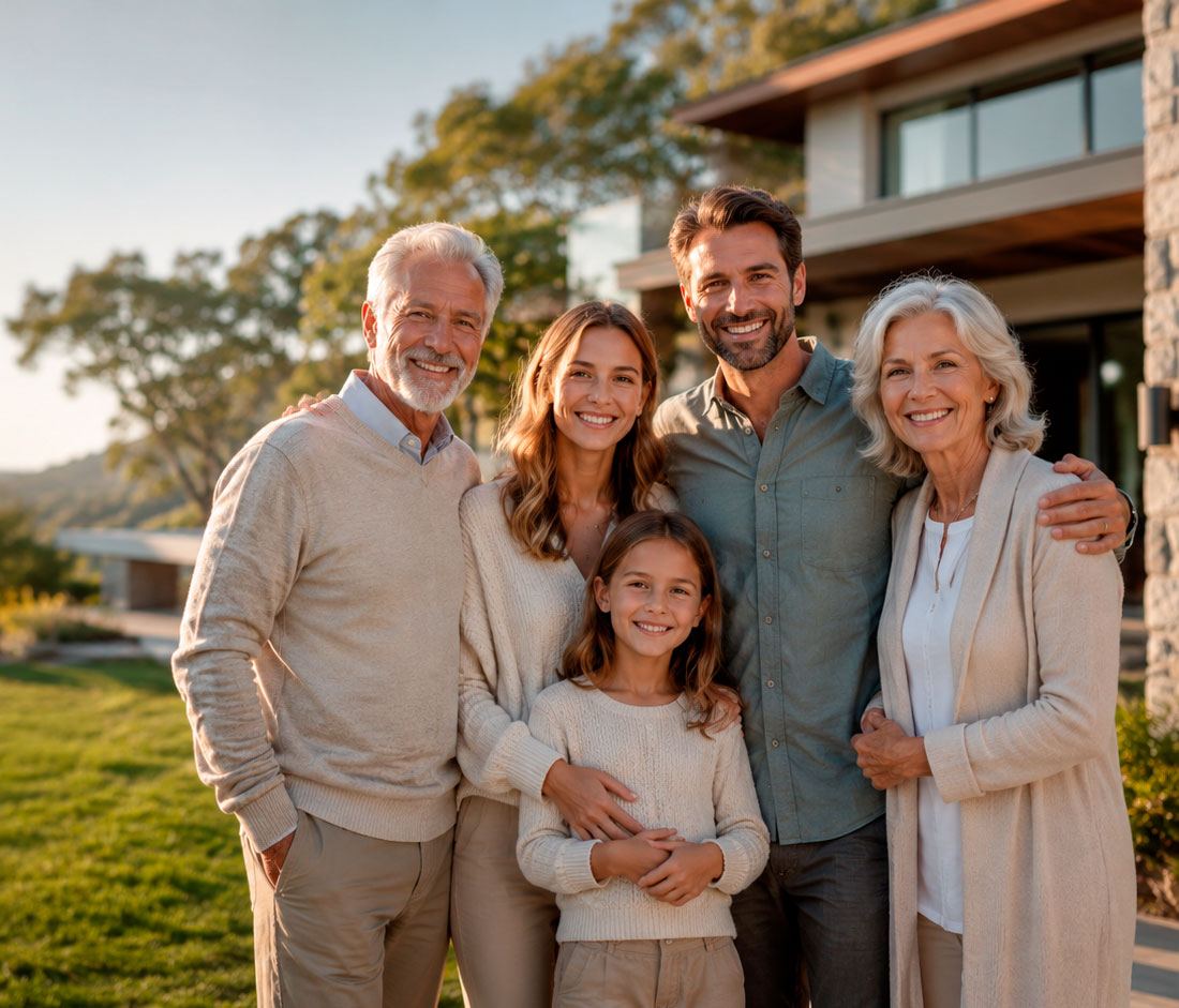 A multigenerational family standing together in front of their home